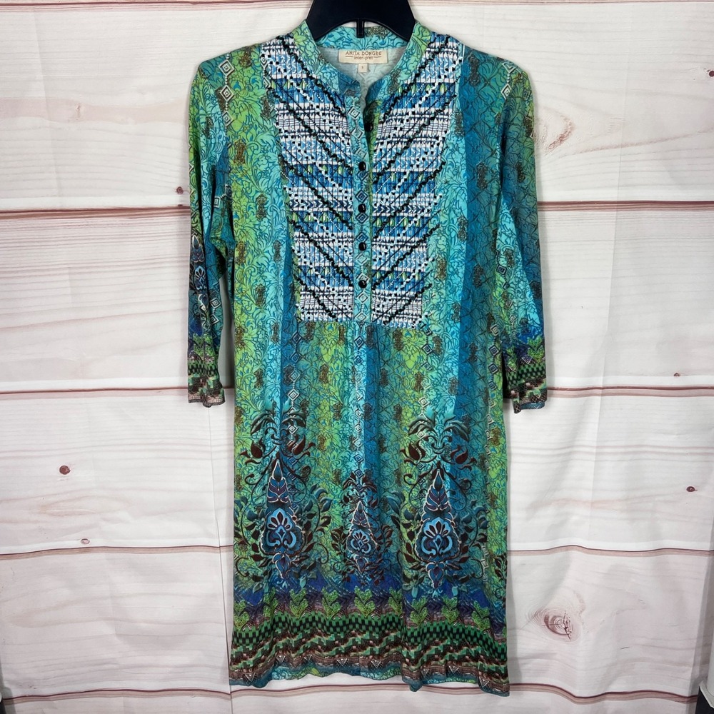 Anita Dongre Dress Womens S Green Floral Print Shift Beaded Neck 3/4 Sleeve Knit